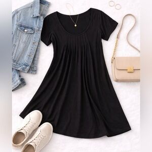 Portocruz Black Swing Dress | Pleated Front | Flowy Mini | Short Sleeve | Size S